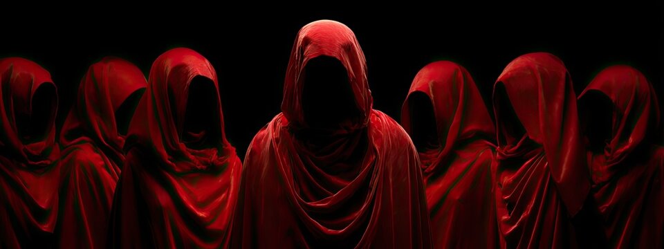 Cloaked figures in vibrant red, cloaked in darkness, stand in a solemn group