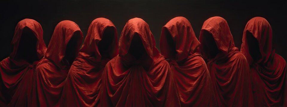 Six figures in red robes with hoods obscuring their faces stand in a row