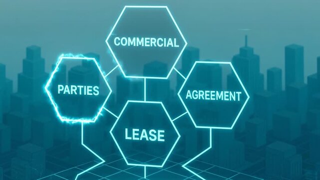 Lease commercial agreement parties city skyline network neon glowing hexagon. lease concept with glowing hexagon network over city skyline conveying commercial agreement and parties collaboration