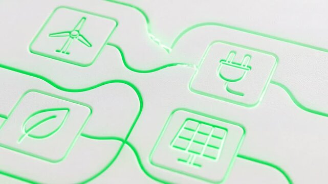 Green energy concept icons embossed white surface with leaf wind turbine solar panel electrical plug renewable power sustainable technology eco energy concept with renewable power icons glowing green