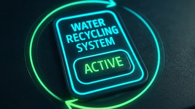 Water recycling system active button glowing control panel neon indicator showing sustainable water reuse and eco friendly operation with illuminated neon green and blue button, circular arrows