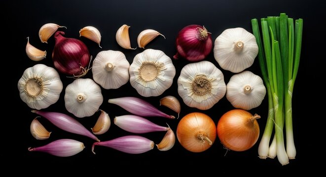 Variety of onions and garlic bulbs on display