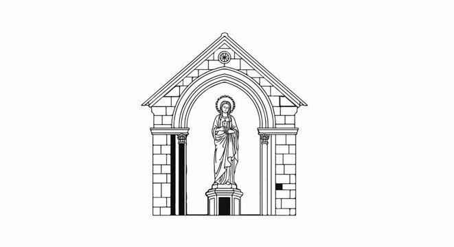 A line drawing of a statue of a robed figure under an arched architectural element