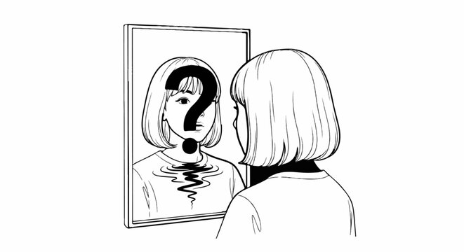 A person's reflection in a mirror shows a large question mark over their face
