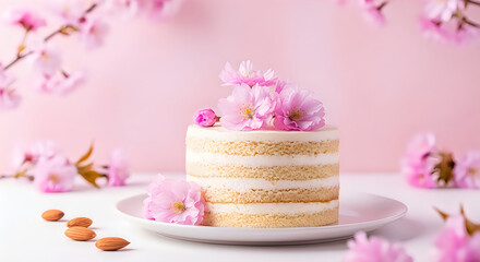 Naklejka premium Delicious seminaked cake with pink flowers on top and almonds on white plate