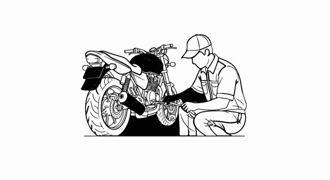 A person wearing a cap works on a motorcycle's engine with tools