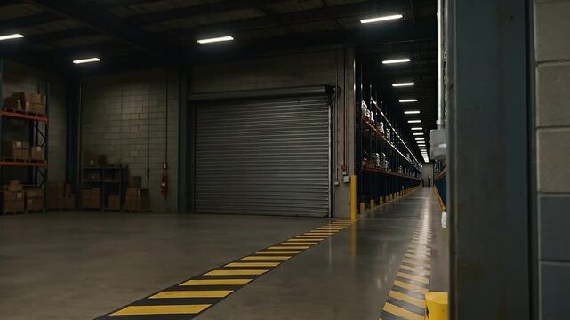 Large dimly lit warehouse interior with concrete floor and metal roller door, pallet racking and marked safety walkway conveying orderly industrial storage and quiet atmosphere daily safety checklist