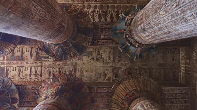 Egypt. Esna temple hypostyle hall with massive painted columns and colorful hieroglyphic reliefs on ceiling in Egypt, ancient Roman-era architecture with preserved pigments and carvings.
