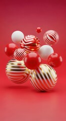 Spheres red, white, gold striped, on red backdrop