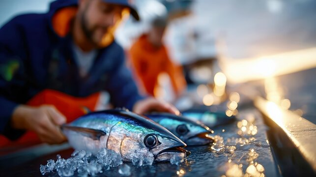 Fishermen Sorting Tuna on Deck After Ocean Catch