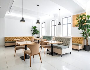 Fototapeta premium Bright, contemporary restaurant interior with booths, chairs, tables, plants, and large windows filling the space with light