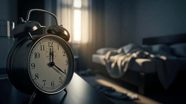 Black alarm clock on bedside table in dark bedroom with morning sunlight