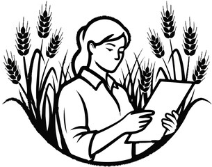 Farmer studying crops amidst stalks of wheat
