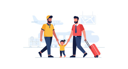 Fototapeta premium Happy Gay Family Traveling with Child. Two Dads and Daughter at Airport with Luggage, LGBTQ+ Parents and Kid Vacation Flat Vector Illustration.