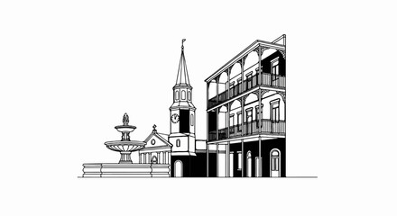Historic fountain and ornate balconies in black and white illustration