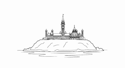 Obraz premium Outline of a grand building complex atop a hill, beside a body of water