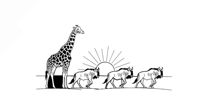 Stylized drawing of a giraffe and wildebeest migration at sunrise