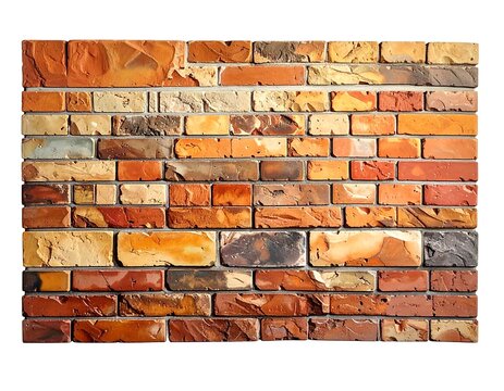 Brick wall with varying shades of red, brown, and tan bricks, arranged horizontally and isolated on a white background