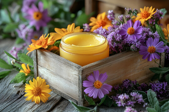 Bright yellow candle in a wooden crate surrounded by vibrant flowers on a rustic wooden table