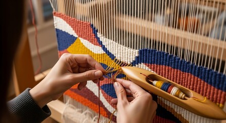 Hands weaving vibrant pattern on loom, artisanal textile craftsmanship