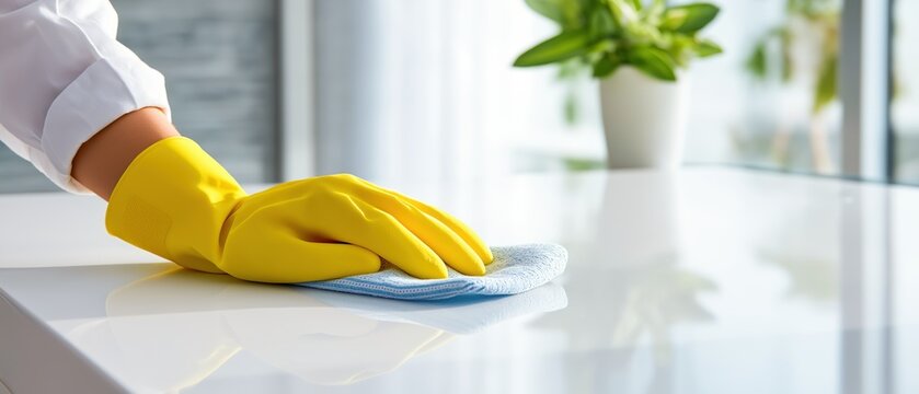 Cleaning house concept. Hand wearing yellow glove cleaning shiny reflective white surface with blue cloth in bright modern interior for professional housekeeping