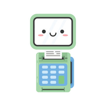 Cartoon smiling green cash register machine.