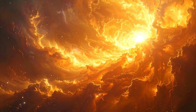 A vibrant cosmic artwork depicting a luminous celestial event. Swirling clouds of fiery oranges and yellows surround a brilliant, central light source