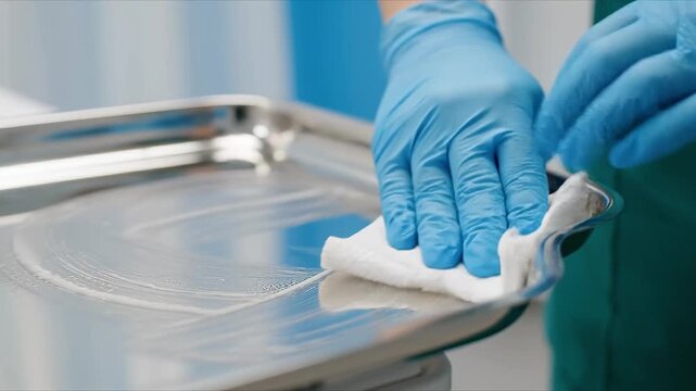 healthcare industry nurse prevention concept. Cleaning a reflective metal surface with gloves using a cloth and tool.