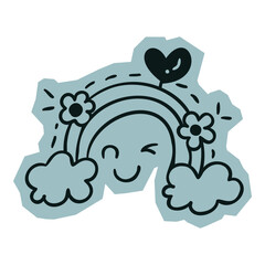 Fototapeta premium Hand drawn doodle sticker cute smiling rainbow character with flowers and clouds for environmental positivity and nature awareness concept for scrapbook and journal. Vector illustration design.