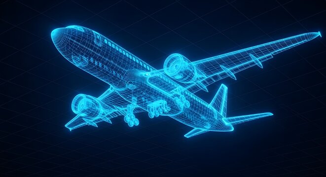 Stunning blue wireframe airplane soaring through digital space