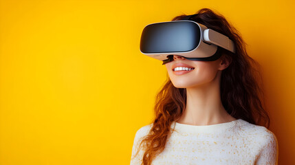 Fototapeta premium Young woman enjoying virtual reality experience with a bright yellow background, smiling and engaged