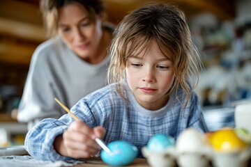 Fototapeta premium Children paint Easter eggs in kindergarten classes