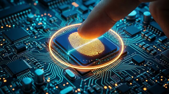 Fingerprint biometric scanner on microchip with finger authentication cybersecurity technology concept