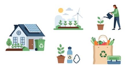 Obraz premium Eco-Friendly Sustainable Living: Green Home, Renewable Energy, Recycling, Organic Food, Gardening Flat Icons
