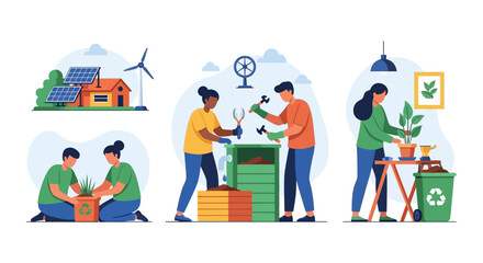 Fototapeta premium Eco-Friendly Living & Sustainable Practices Vector Set: Renewable Energy, Recycling, Composting, and Green Gardening for Environmental Care