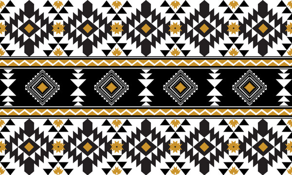 Seamless geometric tribal pattern with horizontal ornamental stripes in black, white and mustard tones.