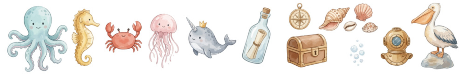 Watercolor oceanic clipart. Sea nursery set. Cute animals, shells, compass, treasure chest, bubbles art. Collection of Vector illustrations. Perfect for invitation, card, poster, banner, decoration © maria