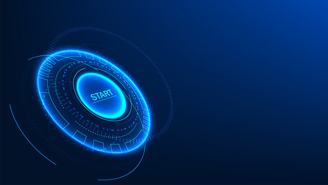 Technology background featuring a glowing start button symbolizing entry into the digital world, continuous innovation, technological advancement, digital transformation, limitless future development.