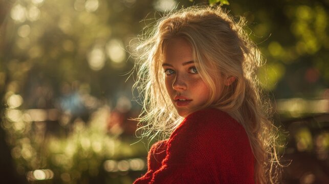 atractive blondegirl in a red jumper photo realistic in the sunshine in a park
