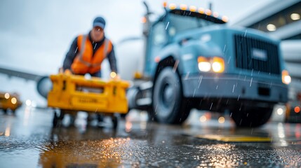 Fototapeta premium Ground Handling Team Loading Freight in Wet Conditions