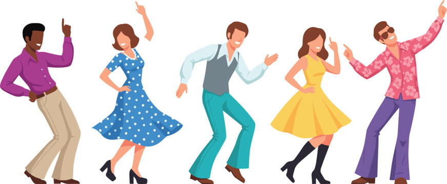 Happy group of people in retro 1970s outfits dancing disco at a party in flat vector style isolated on white for vintage themes.