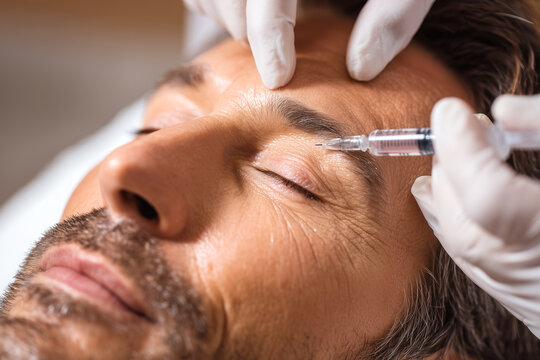 Primer plano de un hombre sonriente con los ojos cerrados recibiendo una inyecci&oacute;n cerca del ojo con una mano enguantada. Ideal para campa&ntilde;as de bienestar y est&eacute;tica masculina. Destaca la confianza