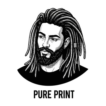 Man with Dreadlocks and Beard, Black and White Portrait, Pure Print Logo