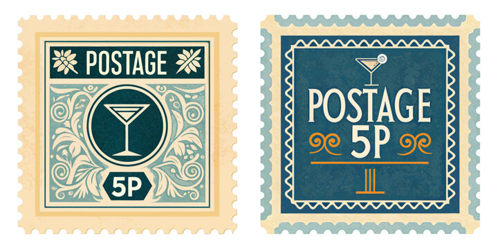 A sleek 1960s stamp featuring a martini glass with an olive. Minimalism, thin line art, navy blue and gold accents, Postage 5p.