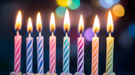 Colorful birthday candles lit up in a festive atmosphere, surrounded by blurred lights creating a joyful background