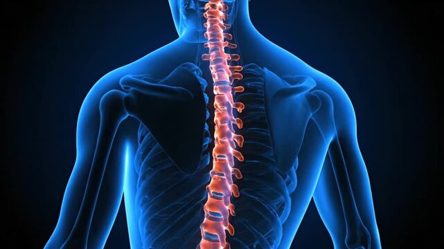 Human spine anatomy illustration from behind showcasing vertebrae and skeletal structure in detail
