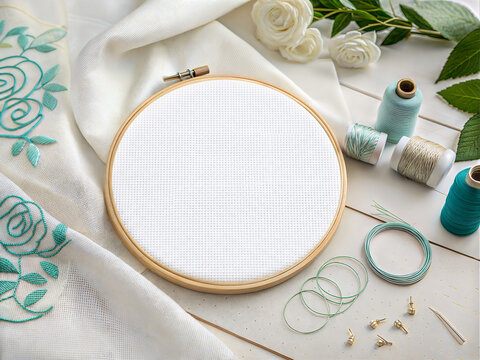 Embroidery hoop and teal threads on craft table