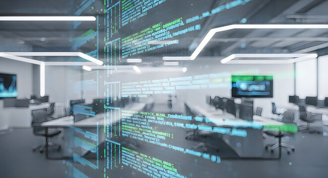 Computer code overlay on a modern open-plan office, depicting digital transformation in business