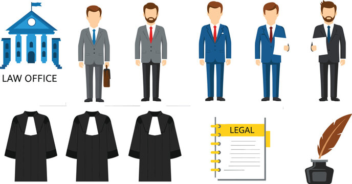 Vector collection of law office icons featuring lawyers in suits and robes legal documents and courthouse building on white background