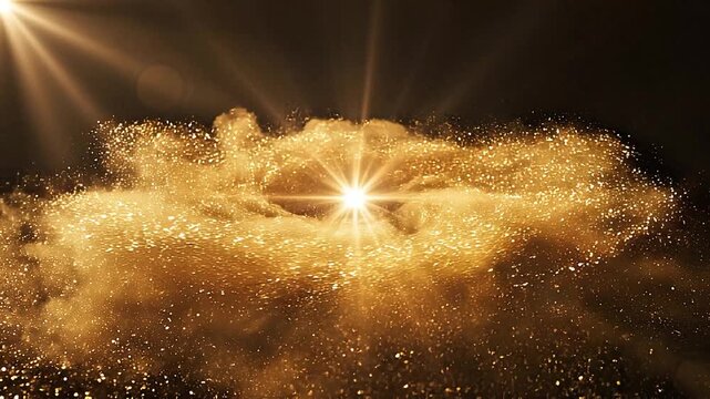 Dynamic burst of shimmering golden particles illuminated by a radiant central light source, creating an abstract and energetic cosmic phenomenon